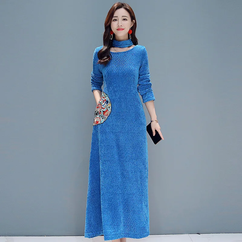 

Industrial Embroidery Embroided Dress 2018 New Style qin zhi National Wind Retro Autumn And Winter Literature And Art Mid-length