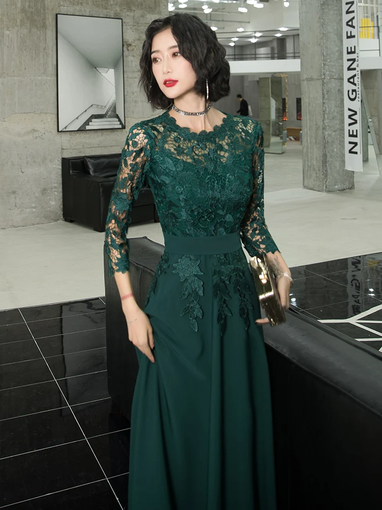 Elegant Evening Dresses Long O-neck A-line Floor-length Green Prom Gowns With 3/4 Sleeves Plus Size Women Formal Dresses