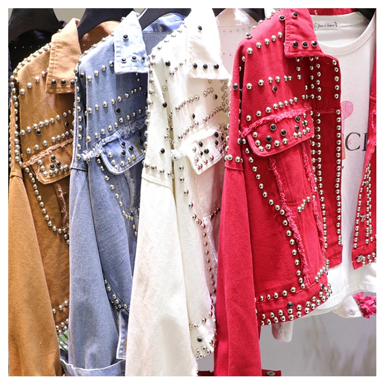 price reduction  2019 Autumn Women Harajuku Red Denim Jacket Coat Heavy Hand Beaded Rivet Short Black Jeans Jacket S