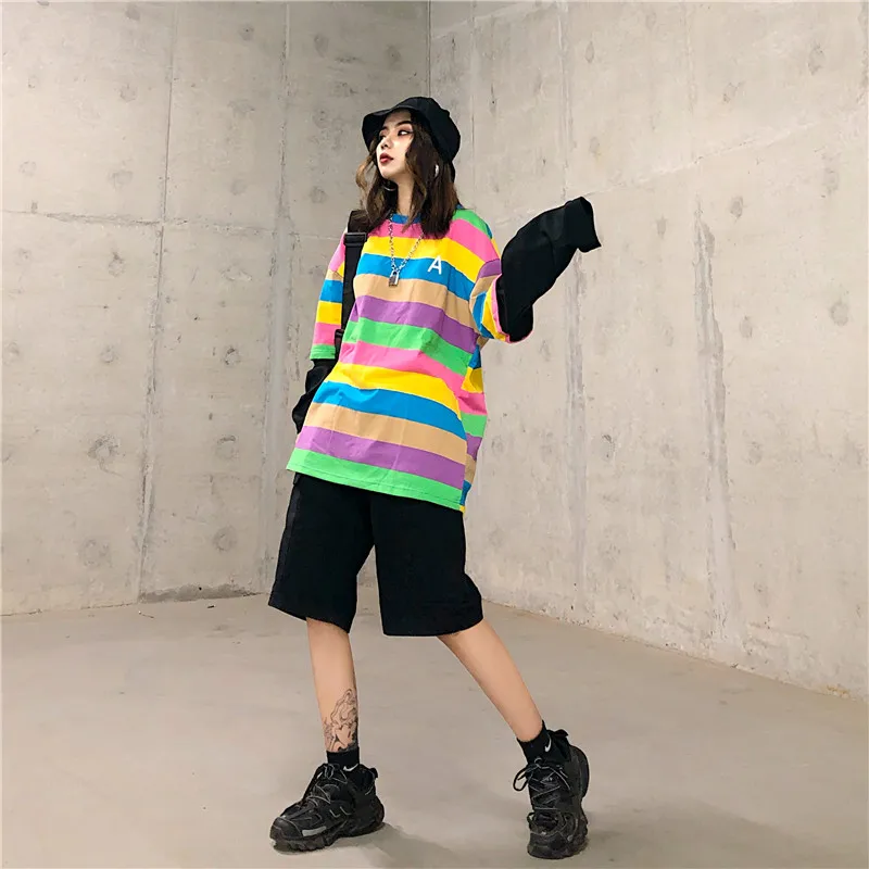 Lychee Harajuku Лоскутная поддельная 2 шт. женские футболки радужная полоса с длинным рукавом Осенняя женская футболка Свободная Женская футболка