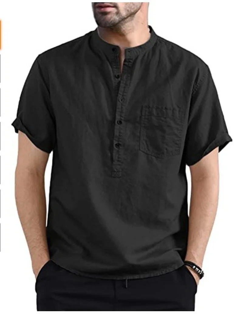 ICCLEK Summer Men Short-sleeved Shirt Linen Cotton Casual Solid Color Sports Button Up Shirt Chest Pocket Design Business Style
