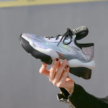 

MLJUESE 2020 fashion sneakers patent leather silver color lace up autumn spring Vulcanize Shoes female sneakers party size 42