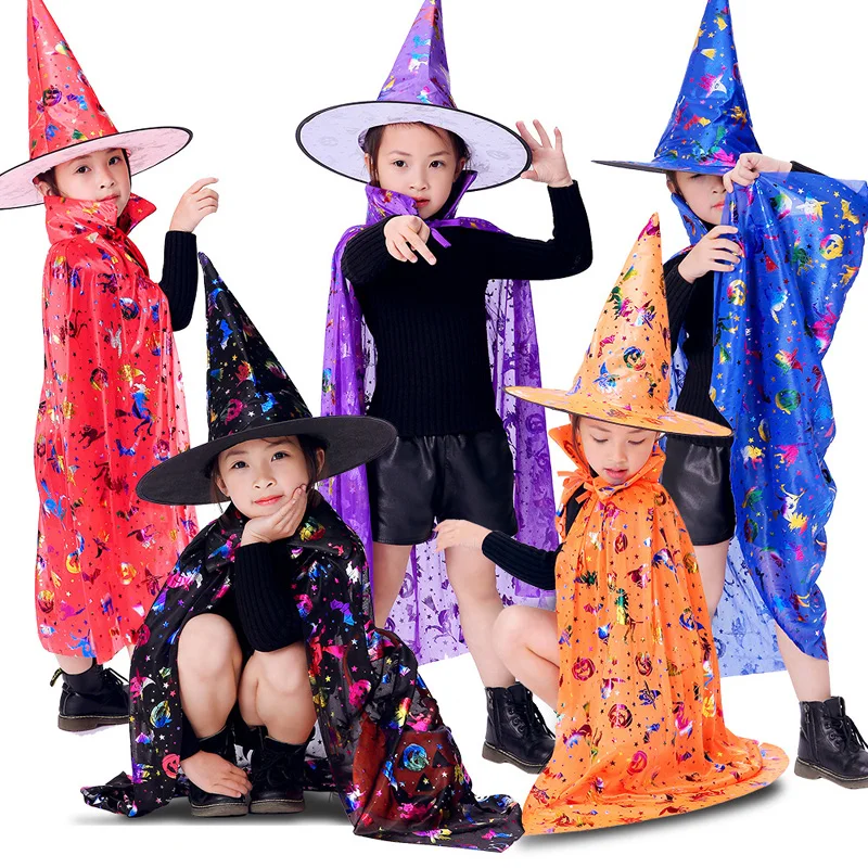 

Kids Happy colorful Halloween princess Costume Set Wizard Witch Cloak Cape Robe and Hat for Boy Girl Dropshipping