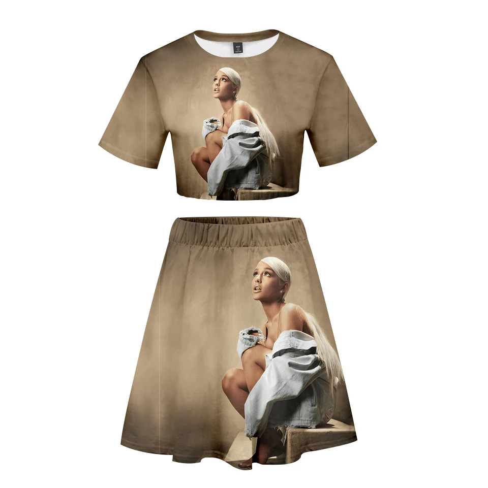 Ariana Grande/костюм с 3D короткой юбкой, Лидер продаж, футболка с короткими рукавами и короткая юбка, костюм из двух предметов, Новые повседневные комплекты высокого качества