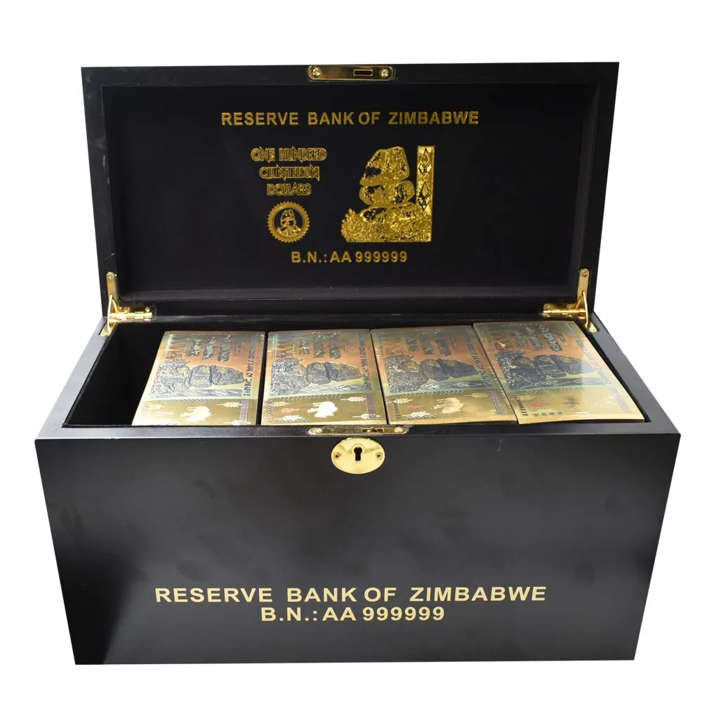 Zimbabwe Gold Banknote 100 Quntillion Note Money 1200pcs with Zimbabwe Wooden Box Fake Money Bills for Festival Gifts
Zimbabwe Gold Banknote 100 Quntillion Note Money 1200pcs with Zimbabwe Wooden Box Fake Money Bills for Festival Gifts