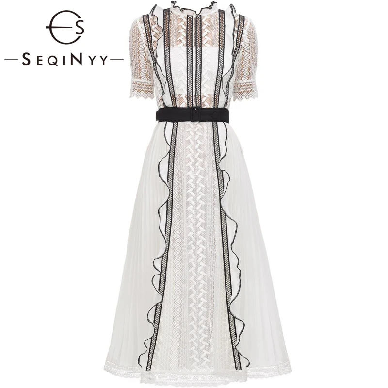 

SEQINYY Midi Dress 2020 Summer Spring New Fashion Design High Quality Short Sleeve Ruffles Lace Hollow out Elegant Women Dress