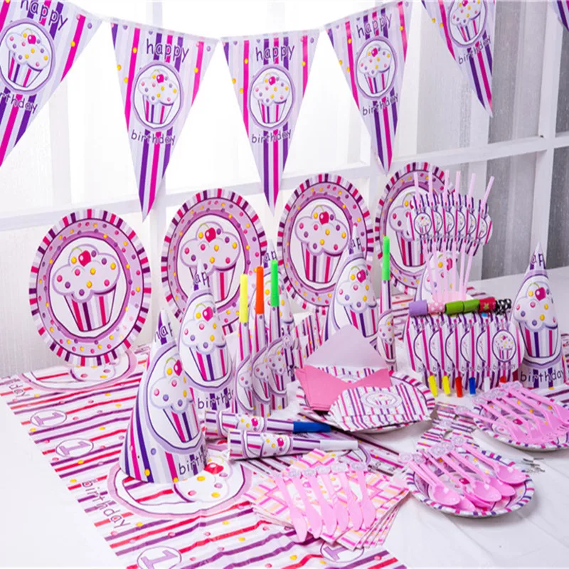 

Pink Cupcake Theme Birthday Party Decorations Kids Party Supplies Disposable Tableware Paper Cups Plates Napkins Baby Shower