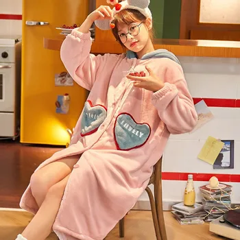 

Flannel Winter New Kimono Robe Gown Women Long Sleeve Sleepwear Thick Nightdress Warm Nightgown Lady Coral Velvet Hooded Pajamas