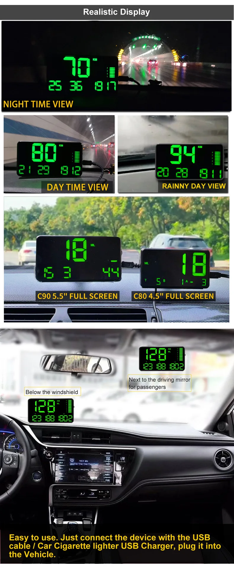 Автомобильная универсальная автомобильная сигнализация HUD с большим экраном с высоким разрешением HD, gps и высокой скоростью