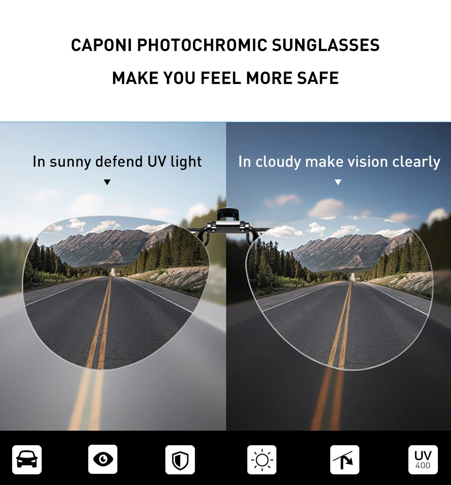 CAPONI Pilot Men Sunglasses Clip Intelligent Color Change Eyewear Vintage Driving Polarized Eyeglasses Clip UV400 BSH1101
