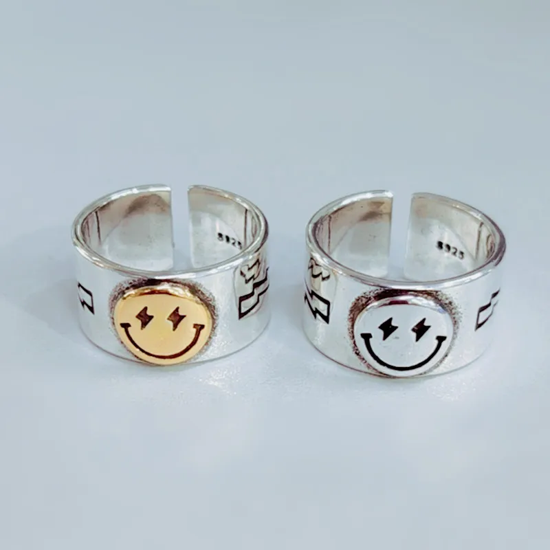

2020 Big Large Smile Face Lightning Smiley Finger Ring Adjustable Open Metal Wide Ring For Women Men Party Gothic Punk Jewelry