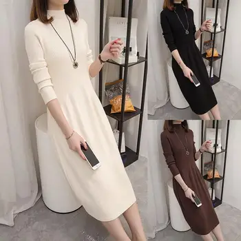 

Autumn Winter Lady Solid Color Turtleneck Long Sleeve Knitted Sweater Midi Dress hot
