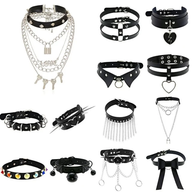 New Harajuku Black Goth Punk Leather Choker Necklaces Women Men Rock Metal  Emo Festival Cosplay Party