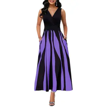 

Fashion Women Patchwork Stripe V Neck Sleeveless Long Maxi Party Club Dress