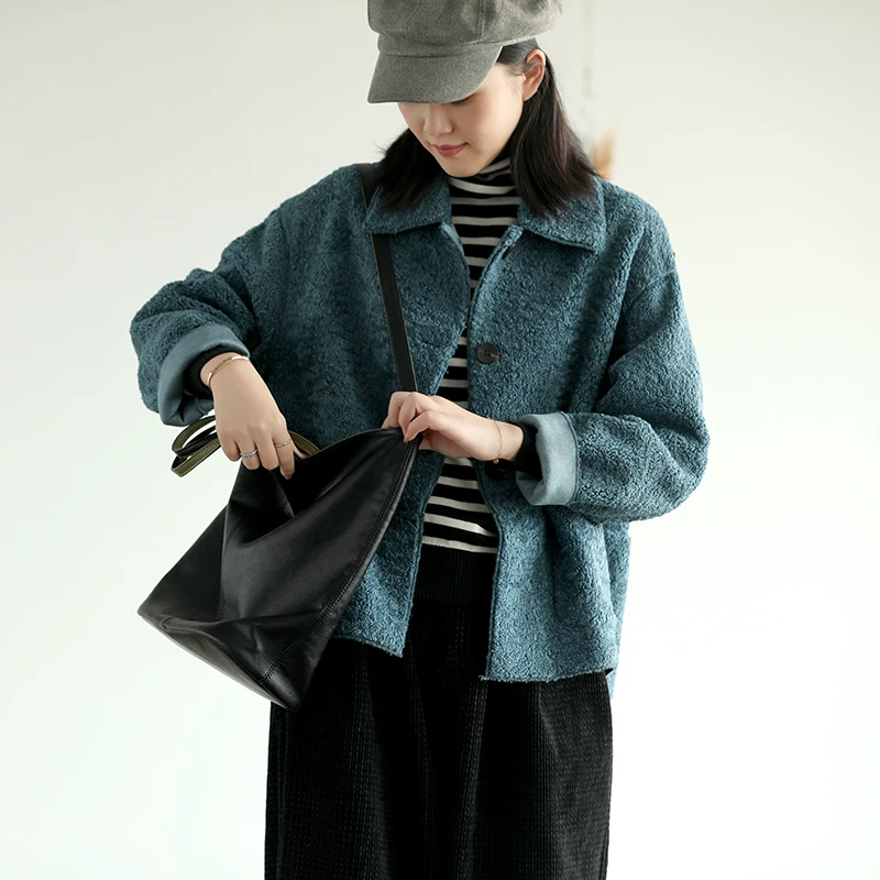 Autumn Winter Jackets Women Fashion Loose Blended Coat New Ladies Cardigan Tops Pocket Long-sleeved Mori Girl Jackets - Цвет: Синий