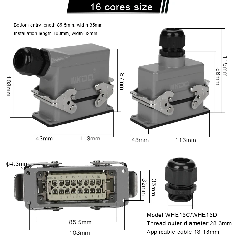 terminal resistente retangular do parafuso da inserção do núcleo do conector parte de cabo industrial da capa da entrada lateral