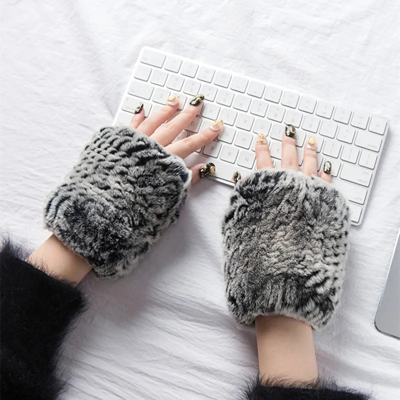 Настоящие трикотажные кроличьи зимние кожаные перчатки без пальцев 2019 Новые 100%