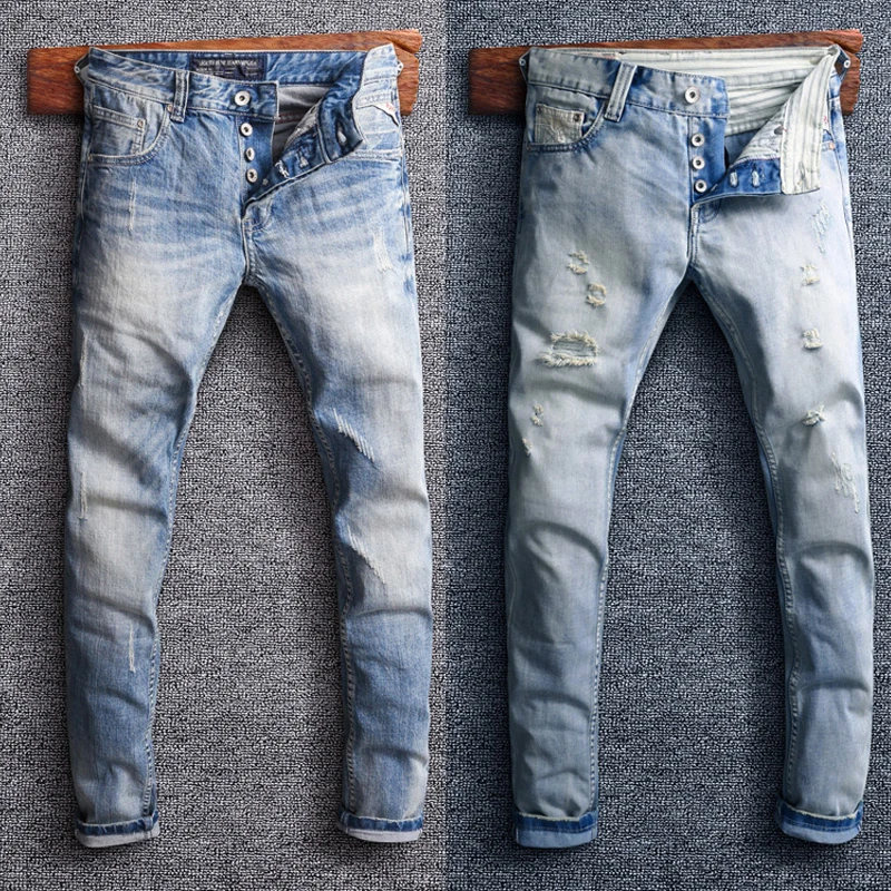 

Fashion Streetwear Men Jeans High Quality Light Blue Slim Fit Ripped Jeans Men Destroyed Buttons Pants Designer Hip Hop Jeans