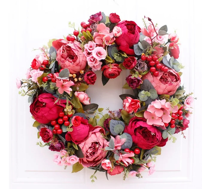 Artificial Flower Wreath Peony Wreath Spring Round Wreath For The Front Door, Wedding, Home Decor - Цвет: 1