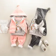 Зимний комплект одежды для девочек 0-5 лет, повседневный теплый милый детский костюм с мультипликационным принтом, детская одежда, жилет+ толстовка+ штаны, 3 предмета