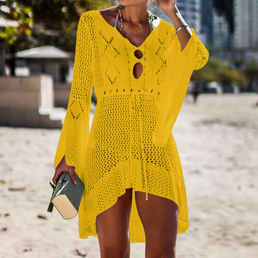 

Oeak Beach Cover Up Crochet Knitted Tassel Tie Beachwear Tunic Long Pareos Summer Swimsuit Cover Up Sexy See-through Beach Dress