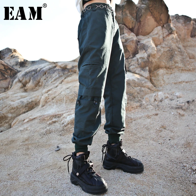 

[EAM] High Elastic Waist Pocket Causal Trousers New Loose Fit Pants Women Fashion Tide All-match Spring Autumn 2019 1A950