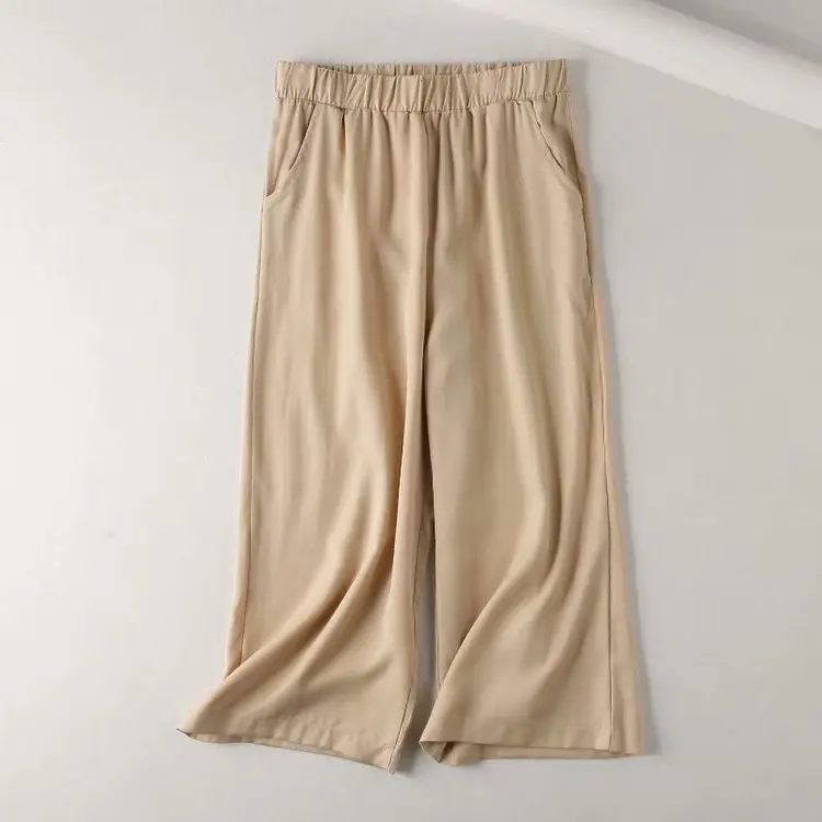 

Summer New Style Cupro Loose Pants Elastic Waist Loose And Plus-sized High-waisted Pocket Viscose Capri Pants Women's S26451
