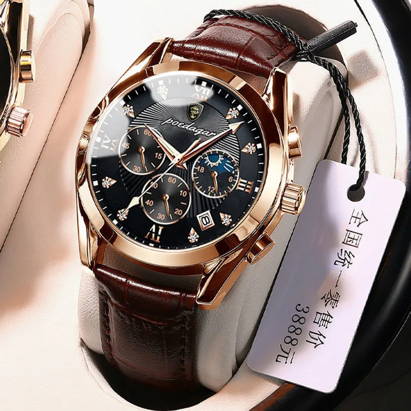 POEDAGAR Men Watches Waterproof 2021 Fashion New Leather  Luminous Wristwatch Top Brand Luxury Mens Quartz Relogio Masculino 2
