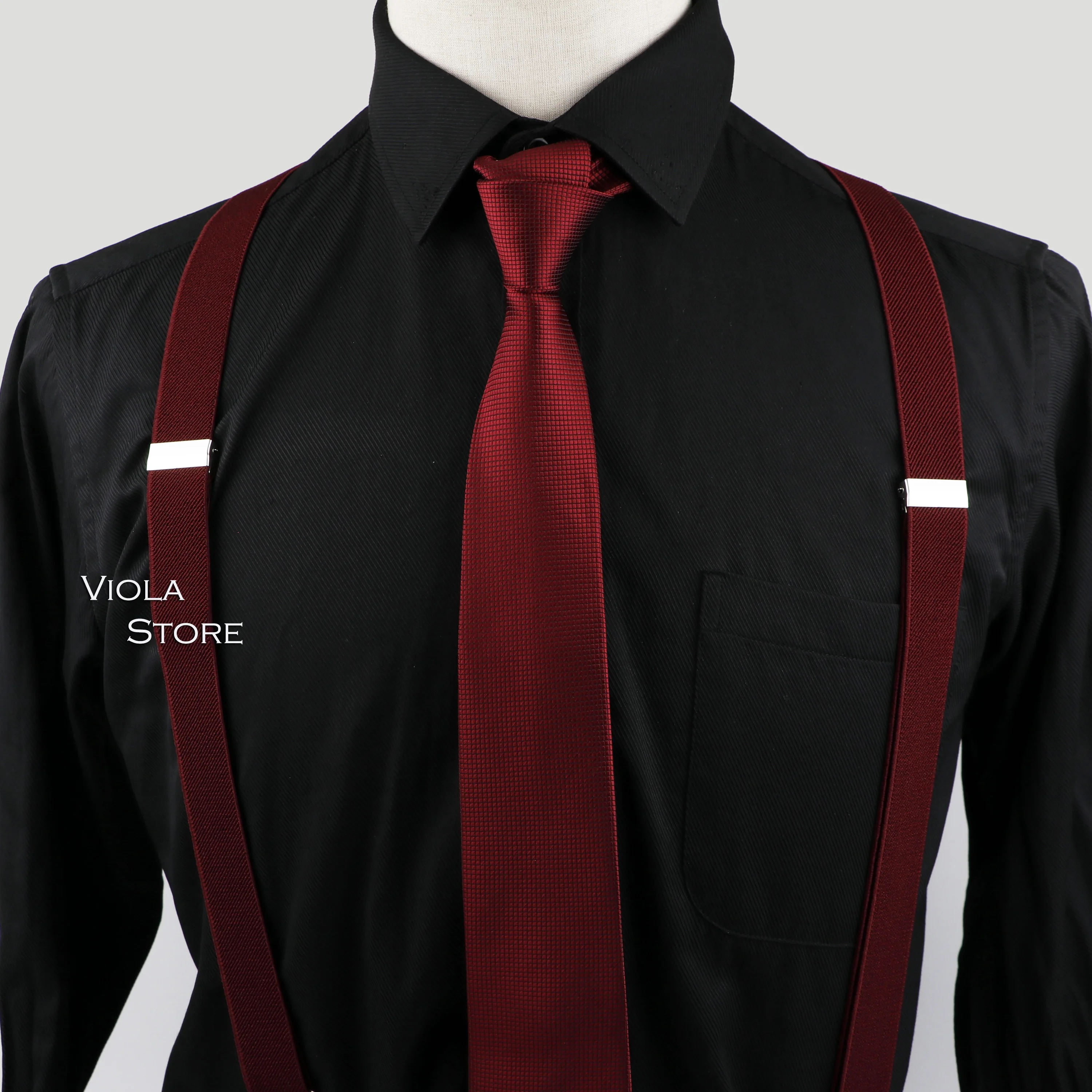 

Men Women Wine-Red 2.5cm Suspender Tie Set 6cm Narrow Necktie Y-Back Brace Pink Black Formal Party Wedding Shirt Pants Accessory