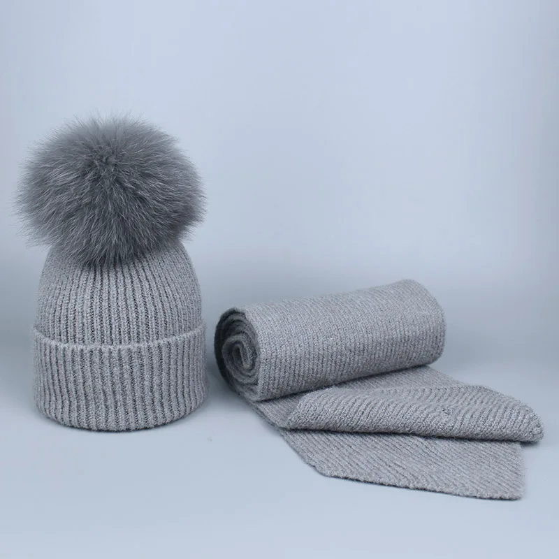 Parent-child Wool Knitted Scarf Hat Set With Real Fox Fur Pompons Women Girls Winter Warm Thick Crochet Hat Scarf 2 Pieces Sets - Color: J