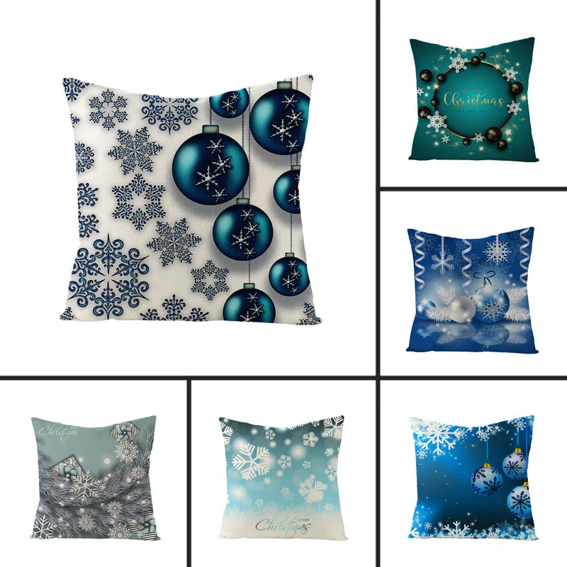

mling 1pcs 45x45cm 2019 Blue Christmas Cushion Cover Flax Cushion Waist Pillow Cover Decorative Cushion Cover