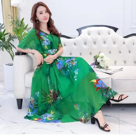 Bohemia Dress Beach 2020 Summer Women Chiffon Dresses Maxi V-Neck Slim Ladies Print Long Plus Size RQ454 | Женская одежда