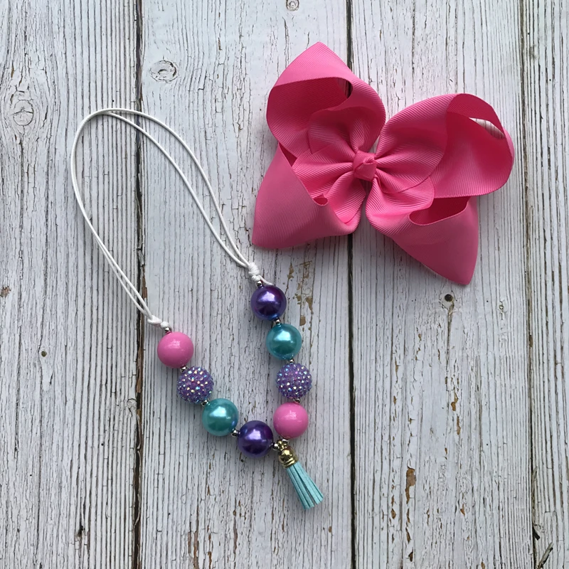 Baby Girl Accessories Solid 6inch JOJObow Clip with Handmade Adjustable Bubble Beads Necklace in Sets