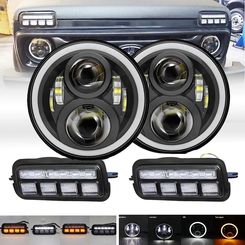 

For Lada Niva 4X4 1995 7inch LED Headlight LED DRL Lights With Running Turn Signal Function Accessories Car Styling Turning Lamp