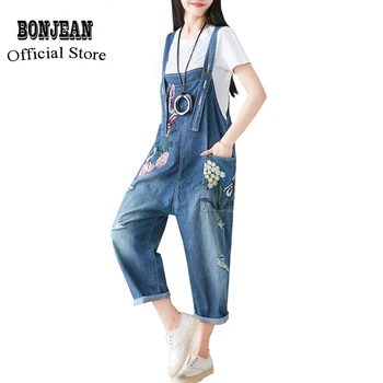 

Womens Suspenders Denim Straight Jumpsuits Rompers Overalls Body Embroidery Floral Loose Big Retro Vintage Casual Fashion
