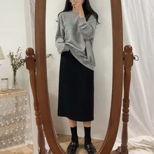 Однотонная черная коричневая Женская юбка до середины икры, винтажная весенне-летняя прямая юбка, длинная Офисная Женская юбка с высокой талией, женские юбки