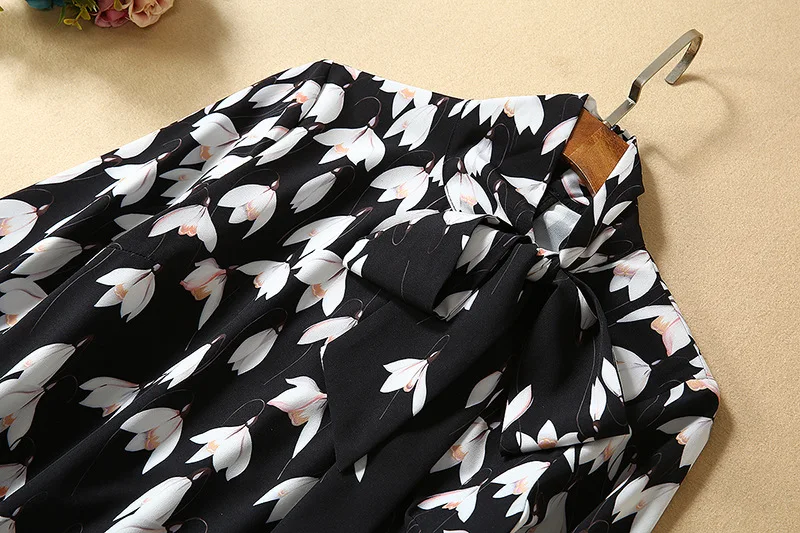 MIUXIMAO Fashion Runway Design Fall Casual Dress Women Magnolia Flower Print Bow Full Sleeve Vintage Dress Women vestido