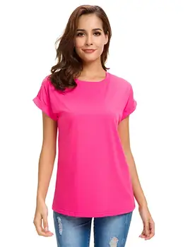 

Womens Short Sleeve Loose T Shirts Cotton Casual Tops Solid O-Neck Three Quarter