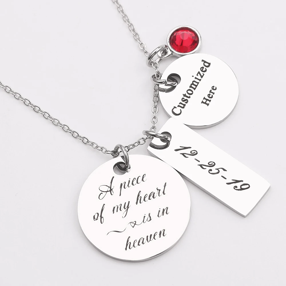 

Custom Date A Piece Of My Heart Lives In Heaven Vintage Silver Angel Wing Charms Pendant Memorial Necklace For Women Fashion