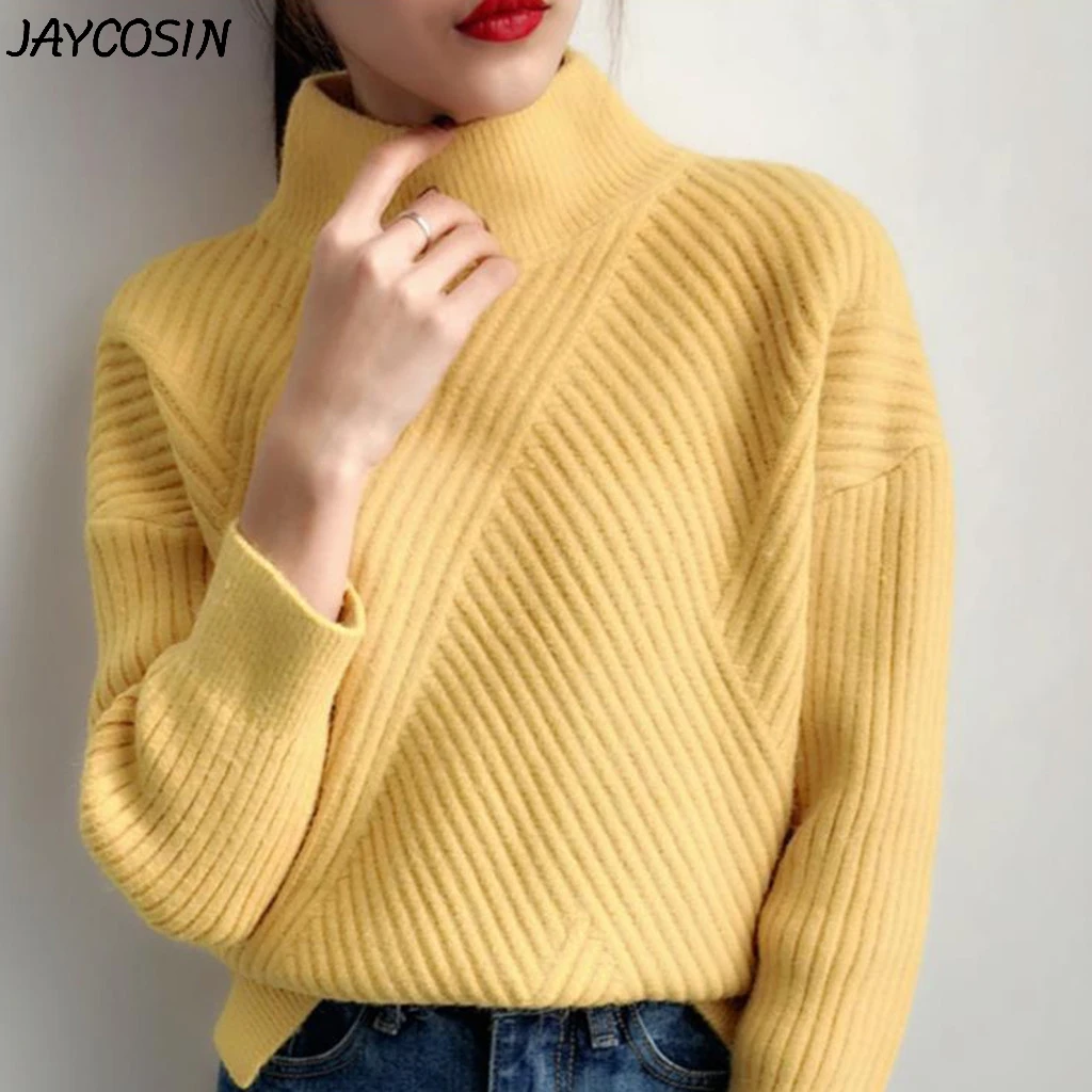 JAYCOSIN, женские свитера, повседневные, дикие, одноцветные, водолазка, длинный рукав, вязаный свитер, для девушек, зимний, теплый, базовый свитер, пуловеры, топы