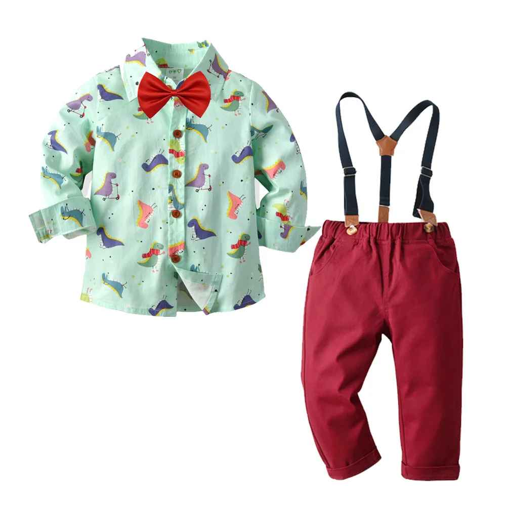 red pants Одежда для маленьких мальчиков рубашки с цветочным принтом для мальчиков с хлопковым комбинезоном Детские комплекты джентльменов с героями мультфильмов Осенняя повседневная детская одежда из 2 предметов - Цвет: red pants