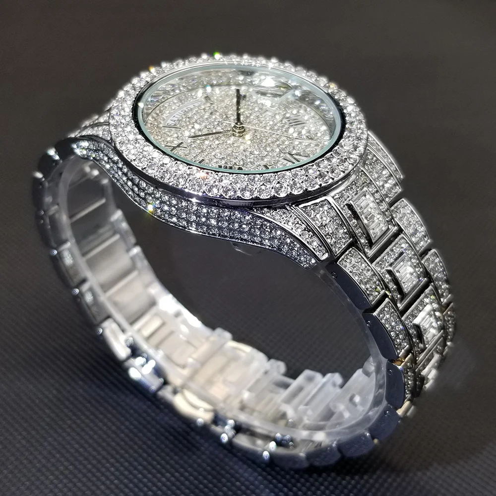 MISSFOX Hip Hop Diamond Men\'s Watches Luxury Silver Steel Quartz Watch Multifunction Week Display Auto Date Day Iced Out Clock