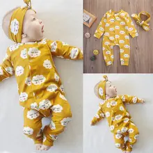 Ensemble 2 pièces pour nouveau né fille, vêtements à manches longues, imprimé nuage, barboteuse, bandeau, jaune, 0 24M 