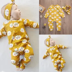 Ensemble 2 pièces pour nouveau né fille, vêtements à manches longues, imprimé nuage, barboteuse, bandeau, jaune, 0 24M 