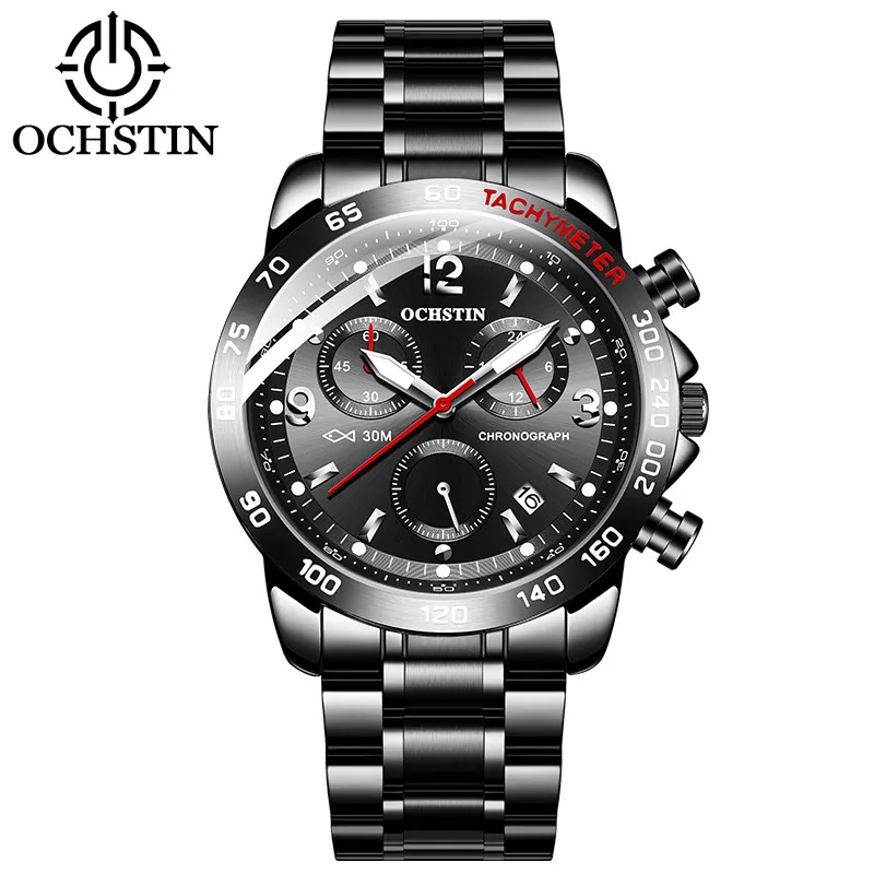 OCHSTIN Watch Men Casual Sport Quartz Wristwatch Stainless Steel Waterproof Chronograph Luminous Clock Date Male erkek kol saati - Цвет: Black