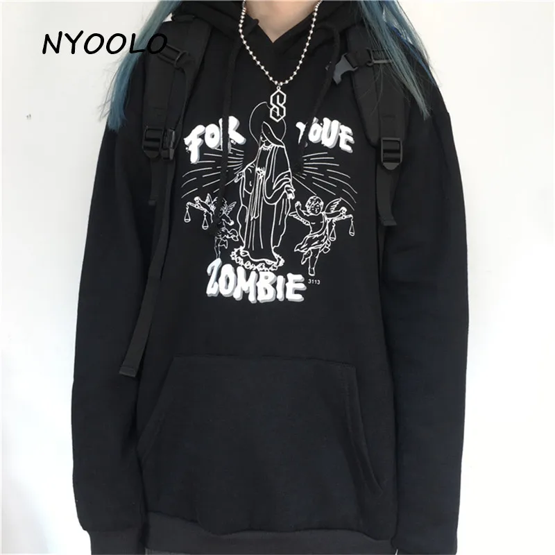 NYOOLO Vintage streetwear angel graffiti letters print warm hoodies Autumn winter hooded pullovers fleece sweatshirt women men