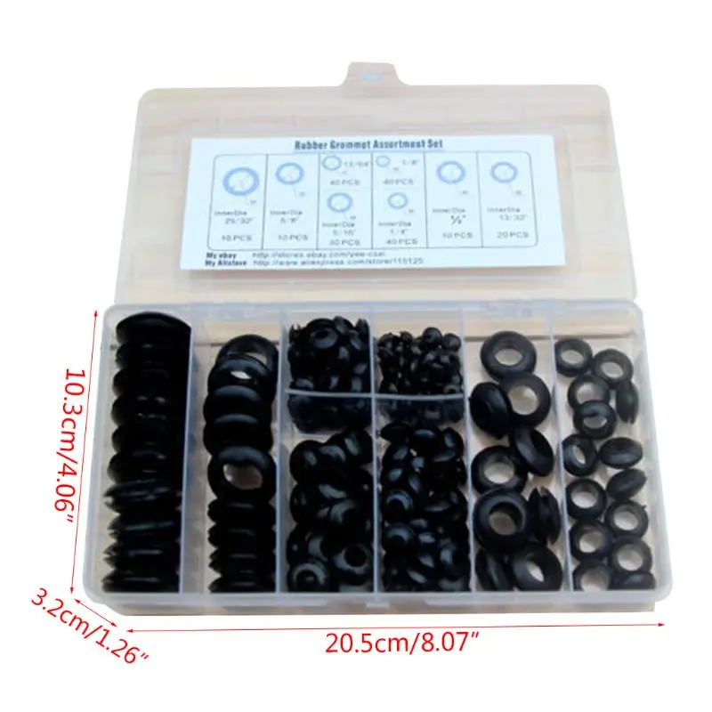 200Pcs/box Soft Rubber Grommet Gasket Kits for Wire Cable Black Assortment Set Electrical Wire Gasket Tools
