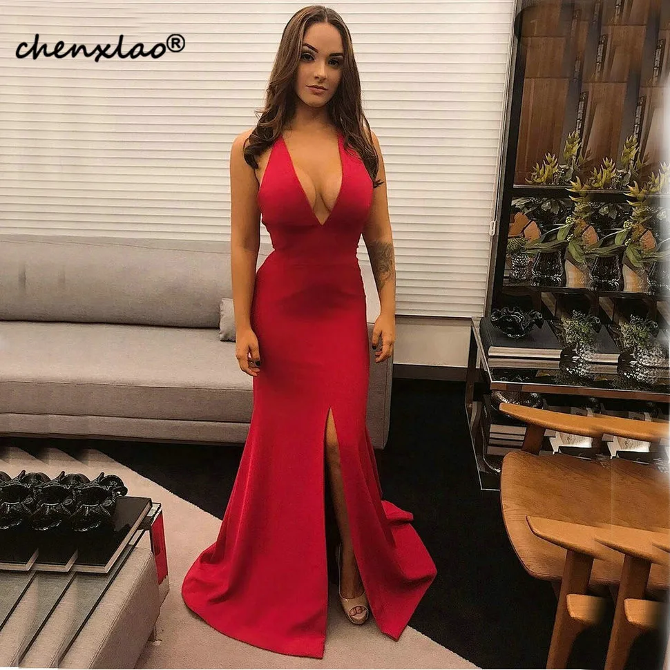 Vestido красные вечерние платья с глубоким v-образным вырезом Длинные эластичные атласные облегающие Бальные платья русалки с открытой спиной и разрезами по бокам женское вечернее платье