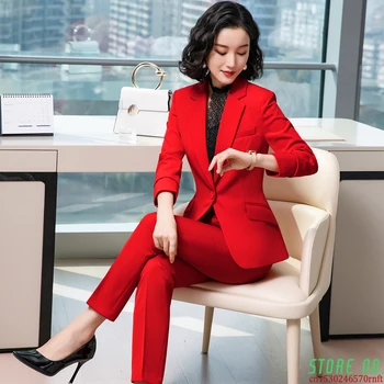 여성용 오피스 레이디 바지 수트, 레드 다크 블루 블랙, 투피스 세트, S-4XL 사이즈, 포멀 워크 커리어 블레이저 코트, 바지 세트 수트