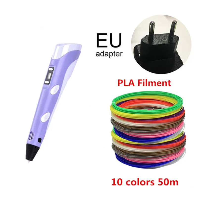 3D Ручка, 3D принтер для рисования, ручка для детей, USB зарядка, 1,75 мм, PLA нити для заправки, 20 цветов, ЖК-дисплей, 3D Ручка для рисования - Цвет: EU PURPLE 50M